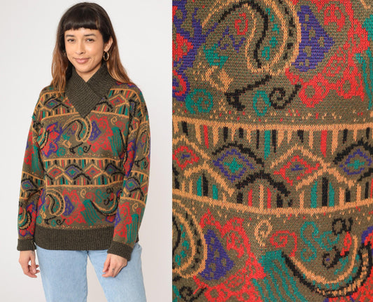 80s Meister Wool Blend Sweater Multicolor Paisley Shawl Collar Medium Large