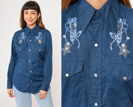 70s Western Shirt Embroidered Cowboy Boots Metallic Stars Pearl Snap Men's Medium