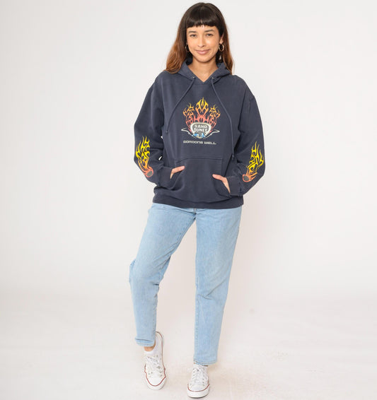 Y2K Gordons Well Sand Dunes Hoodie Navy Flame Graphic Pullover Small S