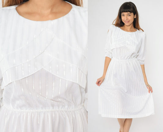80s White Striped Midi Dress Puff Sleeve High Waist Semi-Sheer Medium M