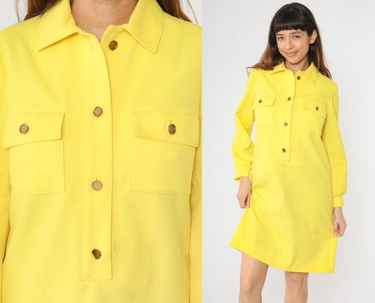 1970s L'Aiglon Yellow Knit Mod Shift Dress Button Front Pockets Small
