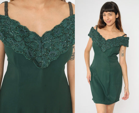 80s Niki Originals Off-Shoulder Party Dress Deep Green Lace Glitter Medium