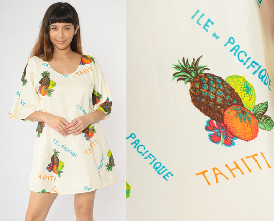 70s Zenith Loungewear Tropical Print Shift Dress Cream Bell Sleeve Medium M