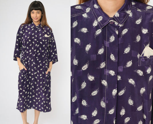 80s Leslie Fay Purple Leaf Embossed Grid Midi Shirtdress Large XL