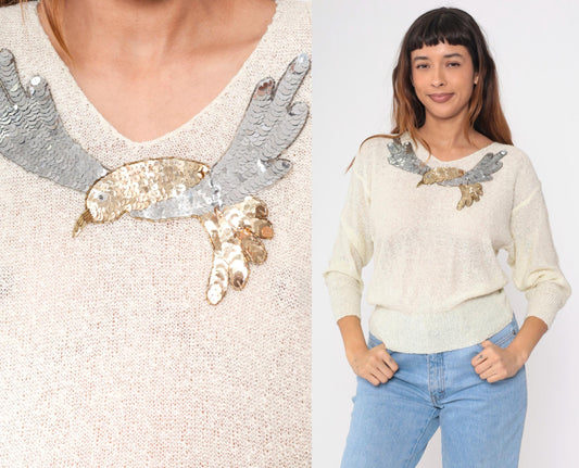 80s Sequin Bird Sweater Off-White V-Neck Beaded Metallic Pullover Small