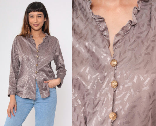 80s Taupe Jacquard Blouse Ruffle Collar Button Up Long Sleeve Large L
