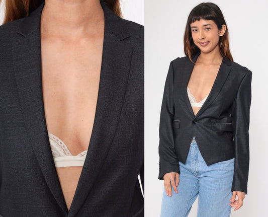 Y2K Black Fitted Blazer Military Epaulette Deep V Neck Button Up Extra Small