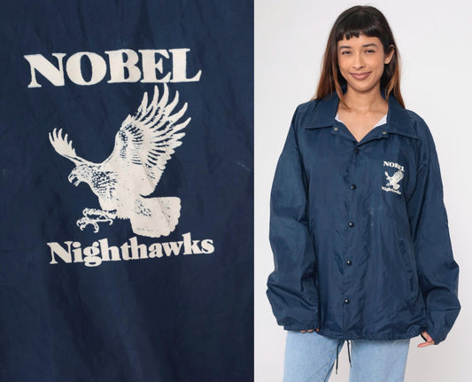 90s Nobel Nighthawks Navy Windbreaker Jacket Snap Front Nylon XXL