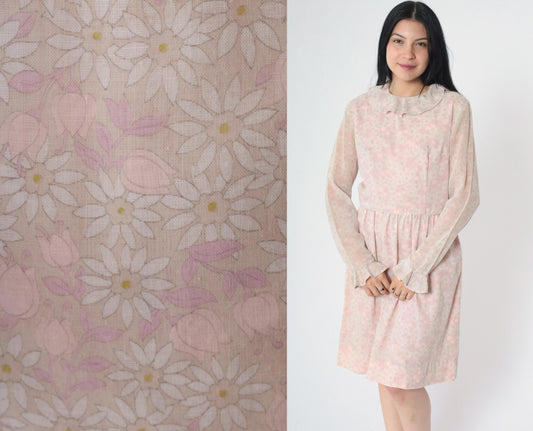 1960s Pink Floral Dress Sheer Bell Sleeve Ruffle Collar Knee Length Medium