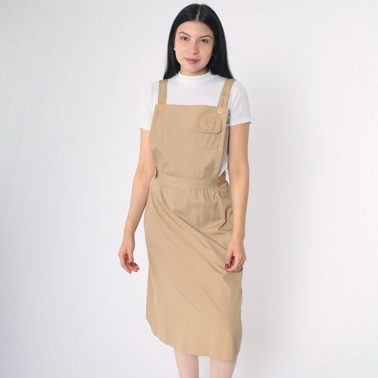 70s Khaki Midi Pinafore Dress High Waist Sleeveless Pockets Small