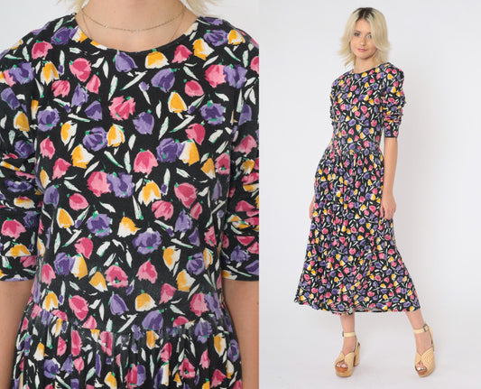 80s Black Floral Drop Waist Midi Dress Pink Yellow Purple 3/4 Sleeve Medium