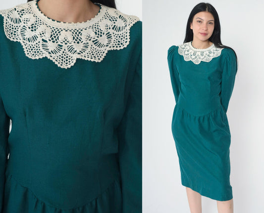 80s Teal Crochet Collar Puff Sleeve Midi Dress Pencil Skirt Small