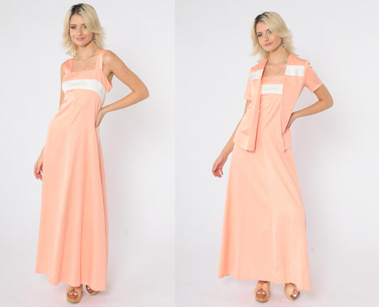 70s Peach Striped Empire Waist Maxi Dress & Jacket Set Extra Small