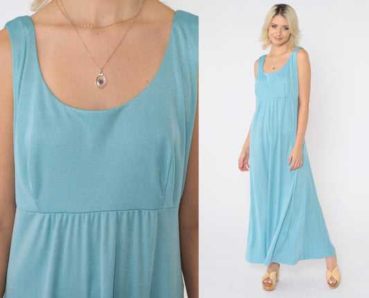 70s Blue Maxi Dress Empire Waist Scoop Neck Sleeveless Medium M