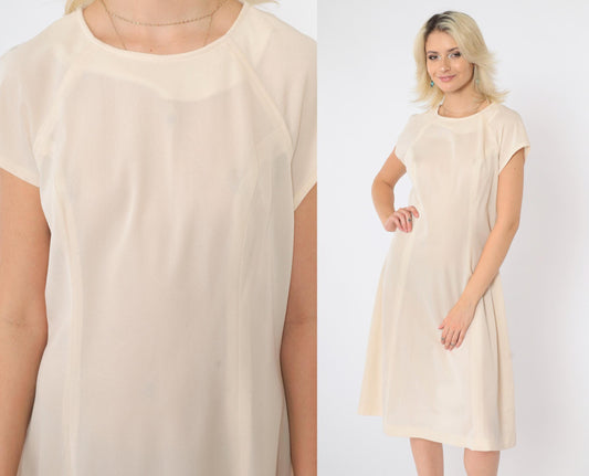 60s Mod Shift Dress Cream Semi-Sheer Raglan Midi Small Medium