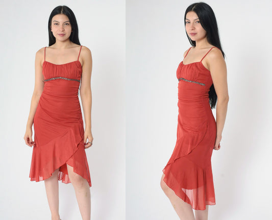 Y2K Ruby Rox Rust Midi Dress Ruched Spaghetti Strap Bodycon Asymmetrical Small