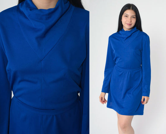 70s L'Aiglon Royal Blue Mini Shift Dress Cowl Neck Long Sleeve Medium M
