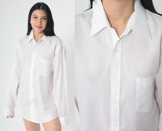 80s Luxurata White Striped Button-Up Shirt Long Sleeve Sheer Large L