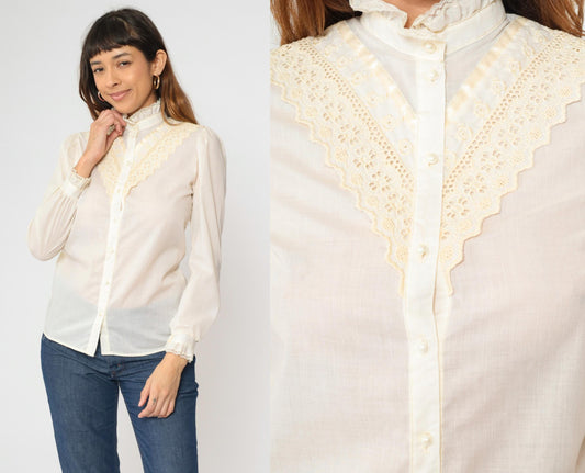 80s Cream Eyelet Lace Blouse Pearl Buttons Puff Sleeves Small