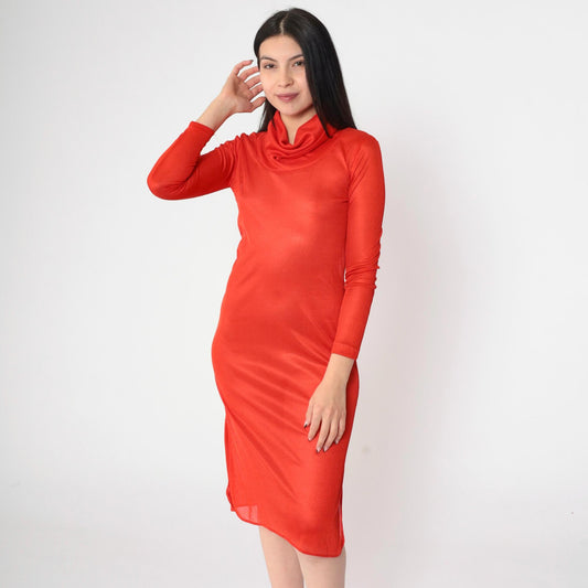 70s Red Sheer Cowl Neck Midi Dress Long Sleeve Bodycon Side Slit Small
