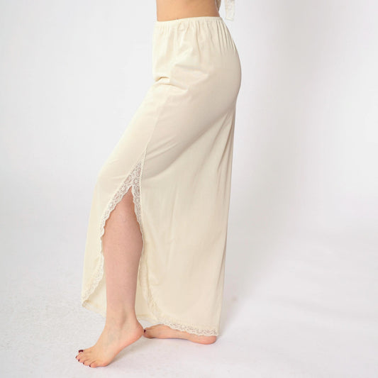 80s Cream Nylon Maxi Slip Skirt Lace Trim Side Slit Small S