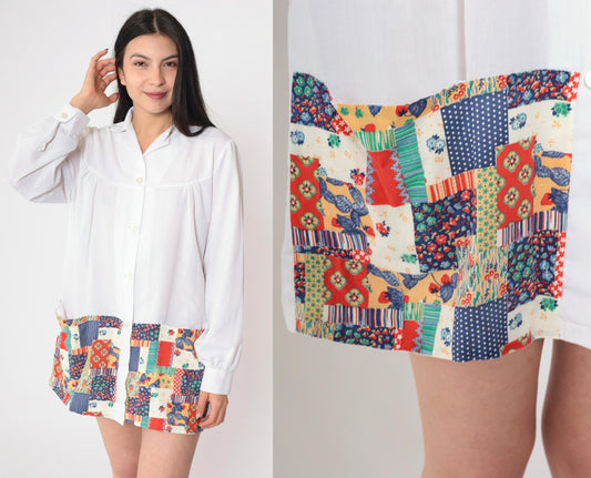 70s White Patchwork Strawberry Floral Button-Up Blouse Long Sleeve Extra Large