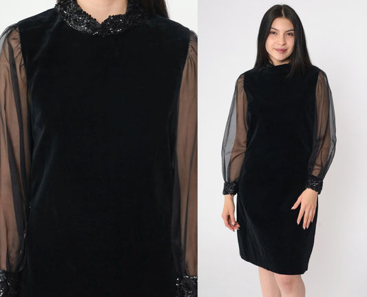 60s Bobbie Brooks Black Velvet Mini Dress Sequin Chiffon Sleeve Small