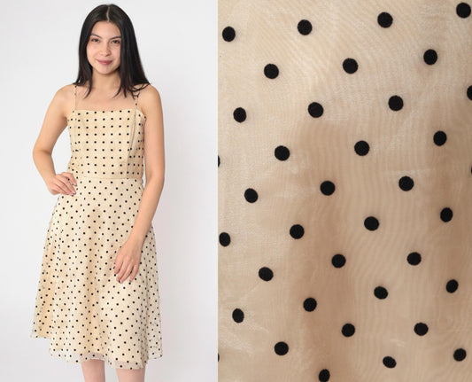 90s Betsy & Adam Beige Organza Midi Dress Black Polka Dot Spaghetti Strap Small 4