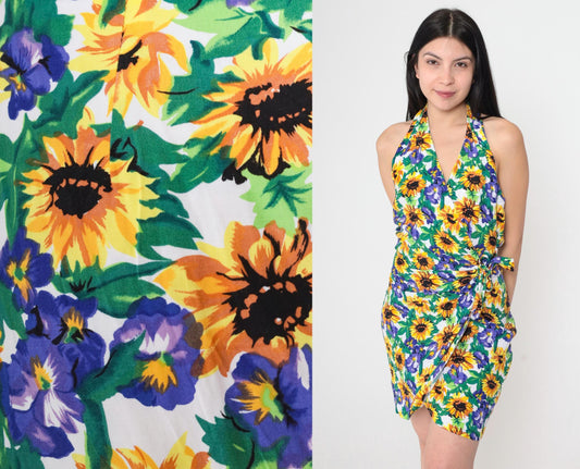 90s Fredericks of Hollywood Floral Halter Mini Dress Sunflower Wrap Medium