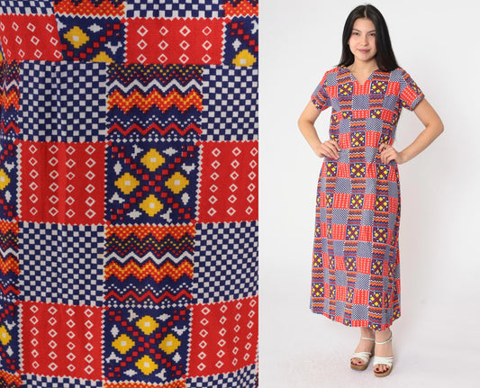 70s Patchwork Geometric Dress Empire Waist V-Neck Ankle Length Medium