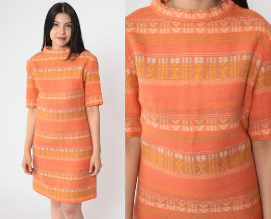 60s Mod Mini Dress Orange Geometric Woven Shift High Neck Short Sleeve Small