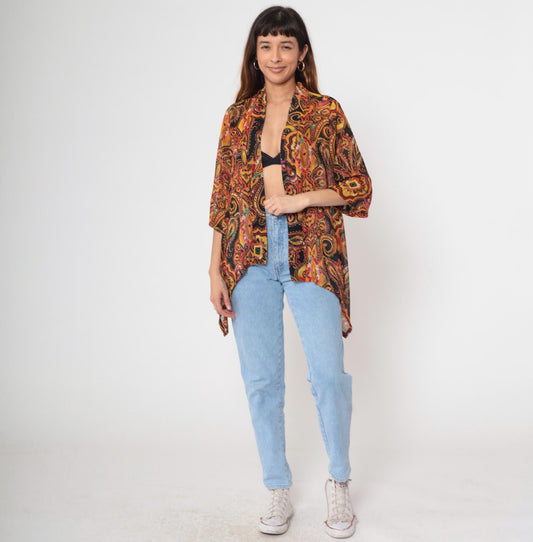 Y2K Sheer Paisley Kimono Jacket Open Front Asymmetrical Orange Gold Pink Extra Small