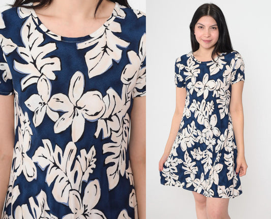 90s K.C. Spencer Tropical Floral Mini Dress Blue Shift Short Sleeve Medium