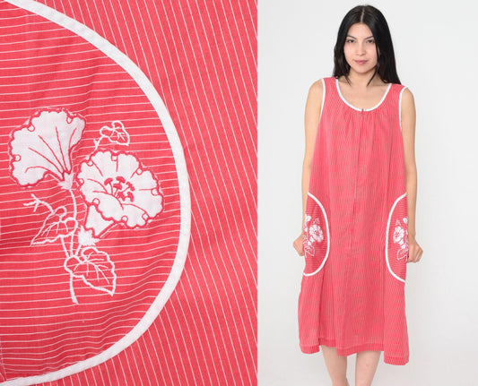 80s Red Striped Midi Dress Floral Embroidered Pockets Sleeveless Scoop Neck Large