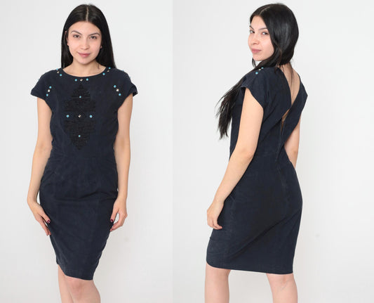 90s Black Southwestern Embroidered Dress Turquoise Studs Cap Sleeve V Back Small