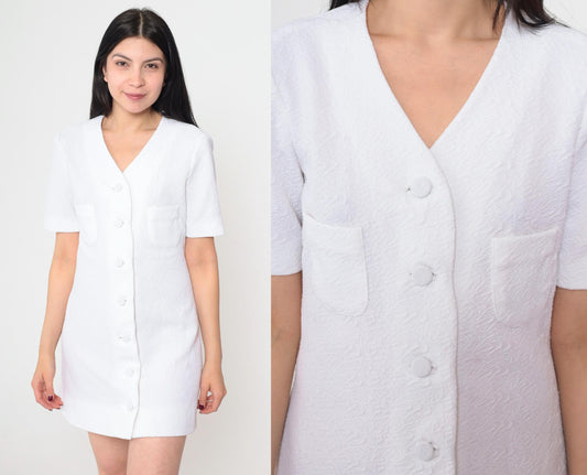 60s White Mod Shift Dress Mini Button-Up Chest Pocket Short Sleeve Small