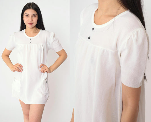 60s White Mod Puff Sleeve Mini Dress Shift A-Line Patch Pocket Small