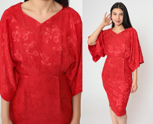 80s Red Jacquard Dress Kimono Sleeve V-Neck Sheath Knee-Length Extra Small