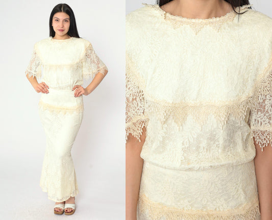 80s Jessica McClintock Ivory Lace Maxi Gown Bow Back Short Sleeve Small