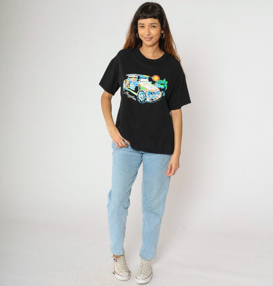 Y2K Mazatlán Mexico Graphic Tee Black Car Palm Tree Print Large L