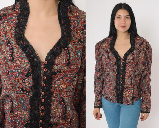 80s Paisley Button Up Blouse Puff Sleeve Lace Trim Purple Large