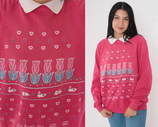 90s Pink Floral Goose & Bunny Graphic Sweatshirt Raglan Collar Medium