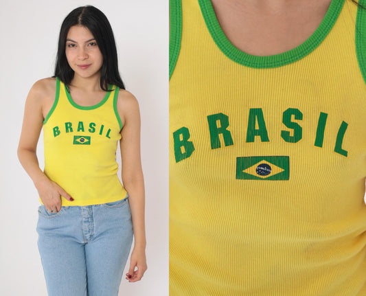 00s Brasil Tank Top Yellow Ringer Graphic Cotton Fitted Small S