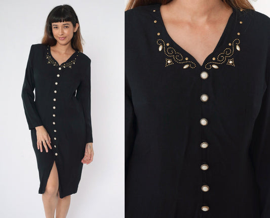 90s Black Beaded Sheath Dress Gold Studs Long Sleeve Button Front Midi Medium