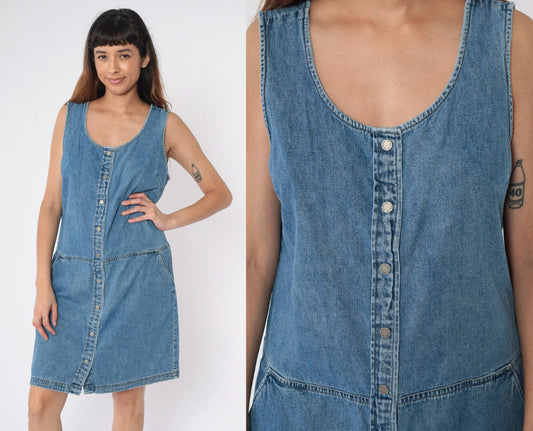 Y2K Blue Denim Jumper Dress Button-Up Sleeveless Knee-Length Large 12