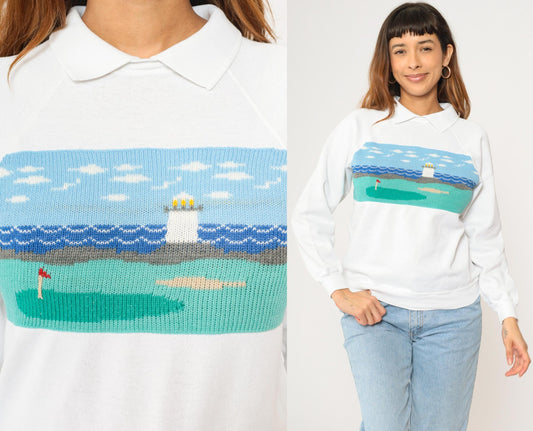 90s Hanes Golf Sweatshirt Lighthouse Scene Knit Panel White Small