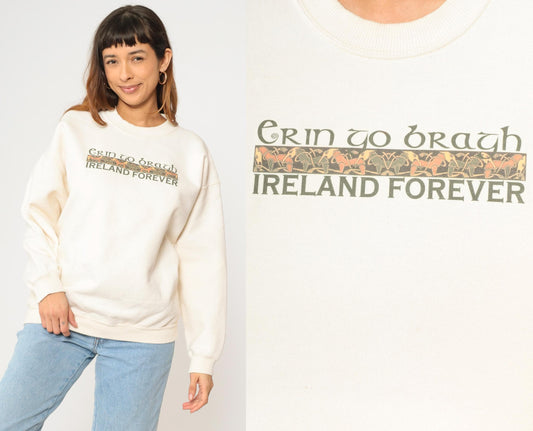 Y2K Ireland Forever Erin Go Bragh Celtic Graphic Sweatshirt Cream Large L
