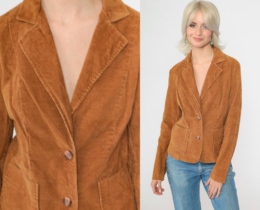 Late 70s Early 80s Brown Corduroy Blazer Notched Lapel Fitted Small S