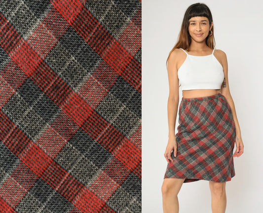 80s Checkered Skirt Grey Red High Waisted Straight Knee Length Extra Small