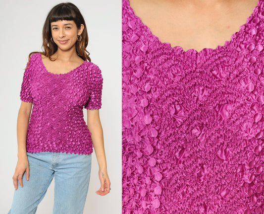 Y2K Magenta Popcorn Textured Short Sleeve Top One Size